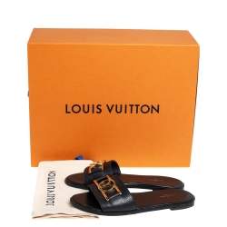 Pre Owned Louis Vuitton Black Leather Lockit Flat Slides Size 37