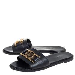 Pre Owned Louis Vuitton Black Leather Lockit Flat Slides Size 37