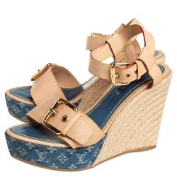 مملوكة مسبقًا Louis Vuitton Beige Monogram Denim & Leather Espadrilles Wedge Sandals Size 37.5