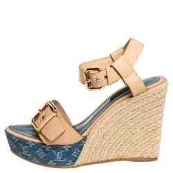 مملوكة مسبقًا Louis Vuitton Beige Monogram Denim & Leather Espadrilles Wedge Sandals Size 37.5