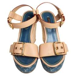مملوكة مسبقًا Louis Vuitton Beige Monogram Denim & Leather Espadrilles Wedge Sandals Size 37.5