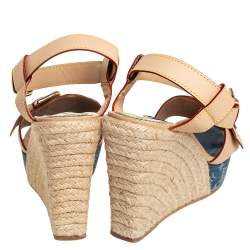 مملوكة مسبقًا Louis Vuitton Beige Monogram Denim & Leather Espadrilles Wedge Sandals Size 37.5