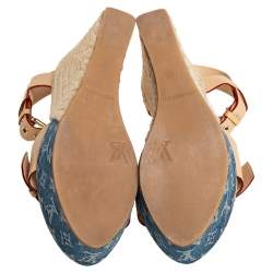 مملوكة مسبقًا Louis Vuitton Beige Monogram Denim & Leather Espadrilles Wedge Sandals Size 37.5