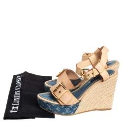مملوكة مسبقًا Louis Vuitton Beige Monogram Denim & Leather Espadrilles Wedge Sandals Size 37.5