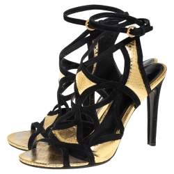 Louis Vuitton Gold and Black Python Embossed Leather And Suede Trim Cut Out Ankle Strap Sandals Size 39
