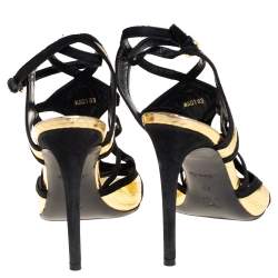 Louis Vuitton Gold and Black Python Embossed Leather And Suede Trim Cut Out Ankle Strap Sandals Size 39