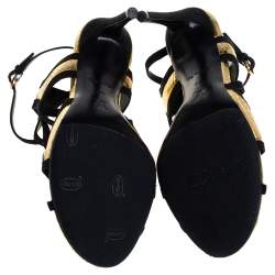 Louis Vuitton Gold and Black Python Embossed Leather And Suede Trim Cut Out Ankle Strap Sandals Size 39