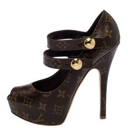 Louis Vuitton Mary Jane Logo Button Buckle Black Suede Pumps Heels 38