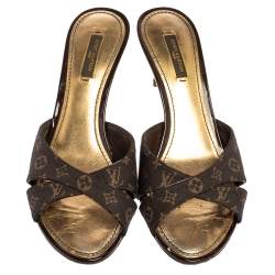 Pre Owned Louis Vuitton Brown Monogram Min Lin Canvas Criss Cross Slide Sandals Size 38.5