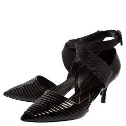 Pre Owned Louis Vuitton Black Lizard Leather Embossed And Patent Leather Ankle Strap Pointed Toe Pumps Size 40