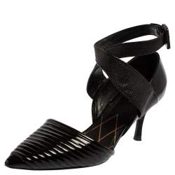 Pre Owned Louis Vuitton Black Lizard Leather Embossed And Patent Leather Ankle Strap Pointed Toe Pumps Size 40