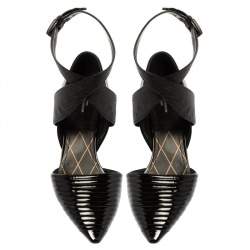 Pre Owned Louis Vuitton Black Lizard Leather Embossed And Patent Leather Ankle Strap Pointed Toe Pumps Size 40