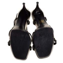 مملوكة مسبقًا صندل لوي فيتون فتحة كعب نعل سميك تفاصيل زهور دنيم مونوغرامي وجلد أسود مقاس 39.5