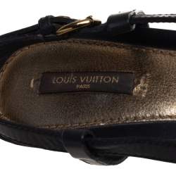 مملوكة مسبقًا صندل لوي فيتون فتحة كعب نعل سميك تفاصيل زهور دنيم مونوغرامي وجلد أسود مقاس 39.5