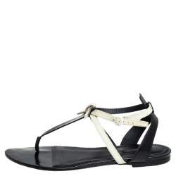 Pre Owned Louis Vuitton Black/Cream Patent Leather And Leather Flat Thong Sandals Size 41