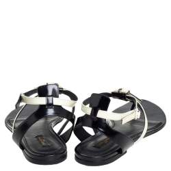 Pre Owned Louis Vuitton Black/Cream Patent Leather And Leather Flat Thong Sandals Size 41
