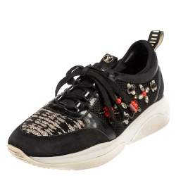 Pre Owned حذاء رياضي لوي فيتون شبك وجلد لامع أسود مزخرف كريستال منخفض من أعلى مقاس 37