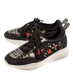 Pre Owned حذاء رياضي لوي فيتون شبك وجلد لامع أسود مزخرف كريستال منخفض من أعلى مقاس 37