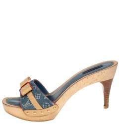 مملوكة مسبقًا Louis Vuitton Blue Monogram Denim and Leather Bow Detail Slides Sandals Size 39.5
