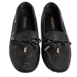 Pre Owned Louis Vuitton Black Monogram Empreinte Leather Gloria Slip On Loafers Size 34.5