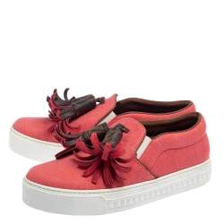 Pre Owned Louis Vuitton Coral Red Canvas and Monogram Canvas Tassel Destination Slip On Sneakers Size 36.5