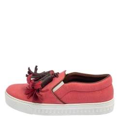 Pre Owned Louis Vuitton Coral Red Canvas and Monogram Canvas Tassel Destination Slip On Sneakers Size 36.5