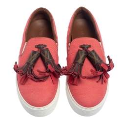 Pre Owned Louis Vuitton Coral Red Canvas and Monogram Canvas Tassel Destination Slip On Sneakers Size 36.5
