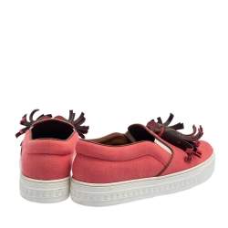 Pre Owned Louis Vuitton Coral Red Canvas and Monogram Canvas Tassel Destination Slip On Sneakers Size 36.5