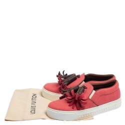 Pre Owned Louis Vuitton Coral Red Canvas and Monogram Canvas Tassel Destination Slip On Sneakers Size 36.5
