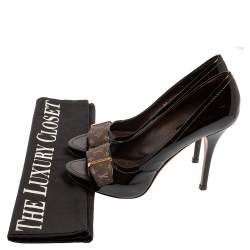 مملوكة مسبقًا حذاء كعب عالي لوي فيتون مقدمة مفتوحة نعل سميك كانفاس ميني لين و جلد لامع أسود مقاس 37.5