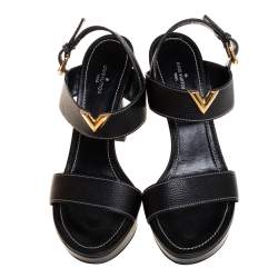 Pre Owned Louis Vuitton Black Leather Platform Ankle Strap Sandals Size 40