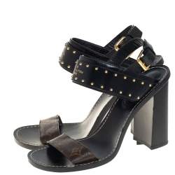 Pre Owned صندل لوي فيتون نوماد سير كاحل جلد مرصع وكانفاس مونوغرام أسود/بني مقاس 41