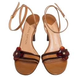 Pre Owned Louis Vuitton Brown/Beige Suede And Patent Leather Flower Embellished Sandals Size 39.5