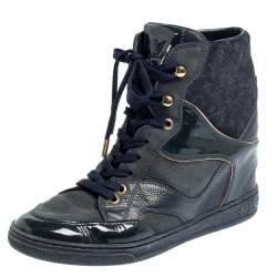 Pre Owned حذاء رياضي لوي فيتون ويدج عنق مرتفع سويدي مونوغرامي و جلد أزرق مقاس 36.5