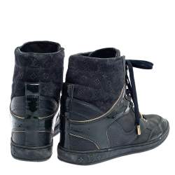 Pre Owned حذاء رياضي لوي فيتون ويدج عنق مرتفع سويدي مونوغرامي و جلد أزرق مقاس 36.5