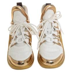 Pre Owned Louis Vuitton White/Gold Leather and Mesh LV Archlight Sneakers Size 38.5