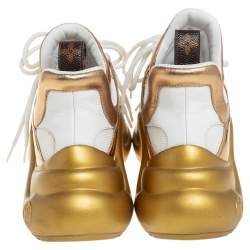 Pre Owned Louis Vuitton White/Gold Leather and Mesh LV Archlight Sneakers Size 38.5