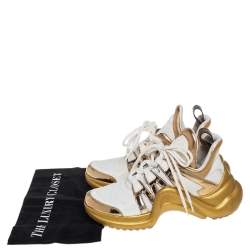 Pre Owned Louis Vuitton White/Gold Leather and Mesh LV Archlight Sneakers Size 38.5