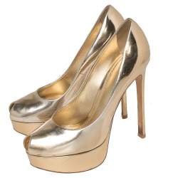 Louis Vuitton Metallic Gold Leather Peep Toe Platform Pumps Size 37