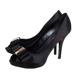 Pre Owned Louis Vuitton Black Satin Bow Peep Toe Pumps Size 38.5