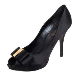 Pre Owned Louis Vuitton Black Satin Bow Peep Toe Pumps Size 38.5
