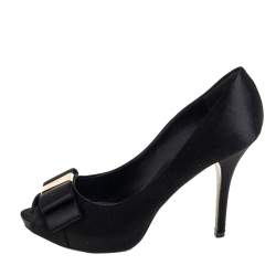 Pre Owned Louis Vuitton Black Satin Bow Peep Toe Pumps Size 38.5