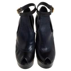 Pre Owned Louis Vuitton Black/Blue Leather Ankle Strap Bootie Size 38.5
