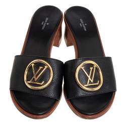 Pre Owned Louis Vuitton Black Leather Slide Sandals Size 40
