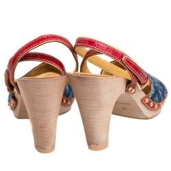 مملوكة مسبقًا صندل لوي فيتون جلد ودنيم مونوغرامي متعدد الألوان سير كاحل كعب خشبي مقاس 38