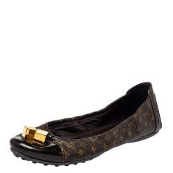Pre Owned Louis Vuitton Brown Monogram Coated Canvas And Patent Leather Ballet Flats Size 38.5