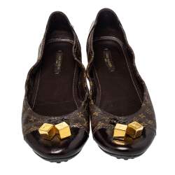 Pre Owned Louis Vuitton Brown Monogram Coated Canvas And Patent Leather Ballet Flats Size 38.5