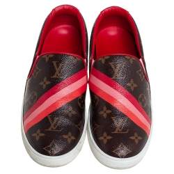 Pre Owned Louis Vuitton Brown/Red Monogram Canvas And Leather Frontrow Slip On Sneakers Size 38
