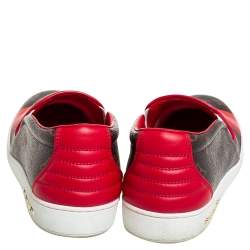 Pre Owned Louis Vuitton Brown/Red Monogram Canvas And Leather Frontrow Slip On Sneakers Size 38