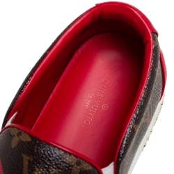 Pre Owned Louis Vuitton Brown/Red Monogram Canvas And Leather Frontrow Slip On Sneakers Size 38